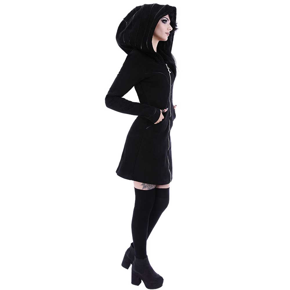 Gelaagd lang vest met oversized capuchon en rits zwart - Gothic Metal